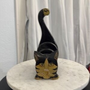 Hand Carved‎ Wood Cat Coaster/Mail Holder Whimsical Decor Black & Gold